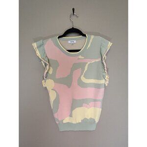 Fate Sleeveless Ruffle Sleeve Sweater, Multicolor, Pink Yellow Green Size Large